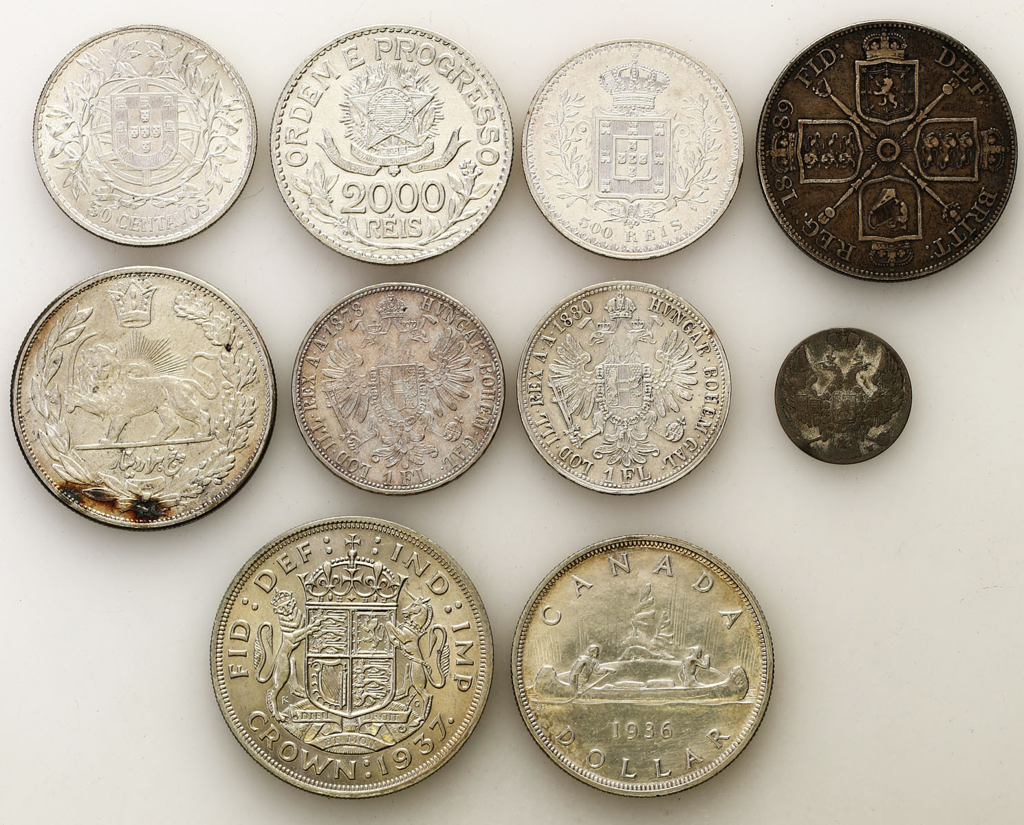Świat - Polska, Iran, Portugalia, Austria, Wielka Brytania, Kanada, zestaw 10 monet, srebro